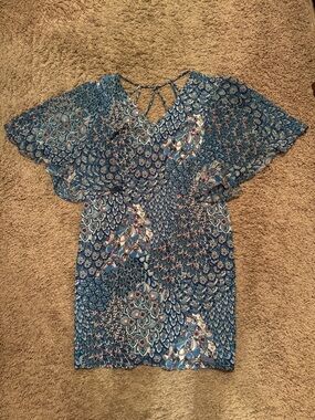 Ivy Road Sz Large Peacock Patterned Midi Dress with Flutter Sleeves & Open Back